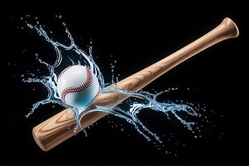 Baseball bat and ball splashing through water against a black background