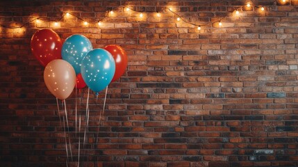 Colorful birthday party scene with festive balloons, string lights, and party decorations in front of a brick wall background




