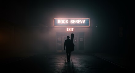 Obraz premium Lone Musician Exiting Rock Berevv at Night