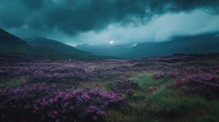 Stormy sunset over purple heather field, Scottish Highlands, moody landscape, travel poster