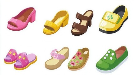 Cartoon shoes illustration showing colorful shoe designs over white background
