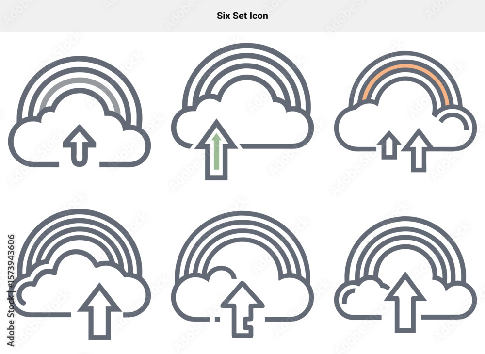 Poster six set icon collection of stylized cloud and rainbow with upload arrow icons in variations