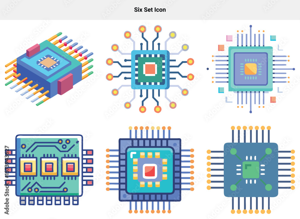 Poster six set icon set of six colorful computer chip icons depicting various cpu architectures