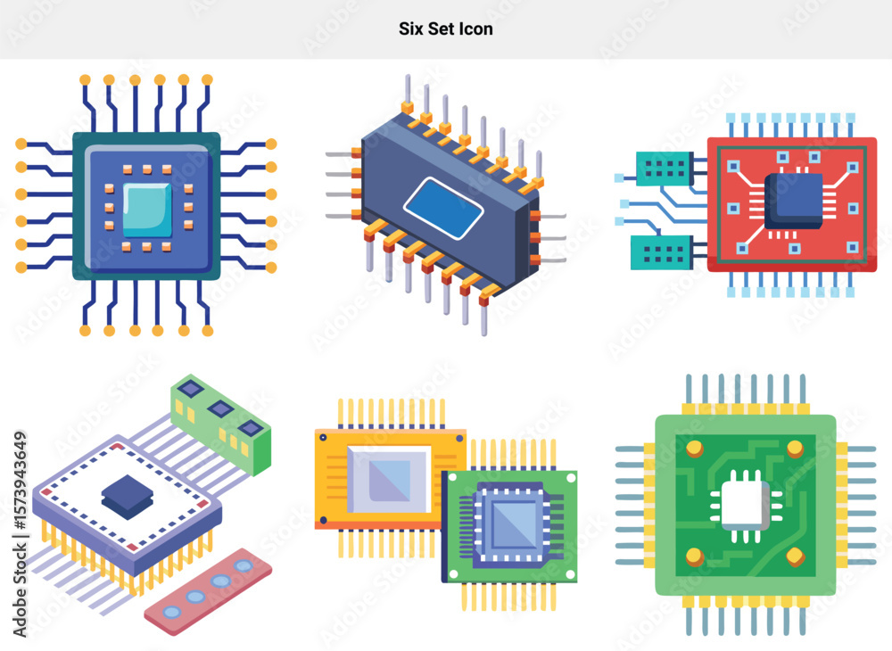 Poster six set icon isometric illustration of colorful computer chips and processors on white background