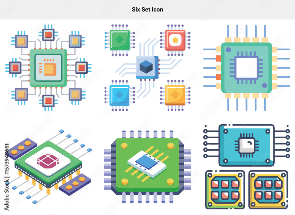 Poster six set icon variety of computer chip designs with colorful elements for modern electronics