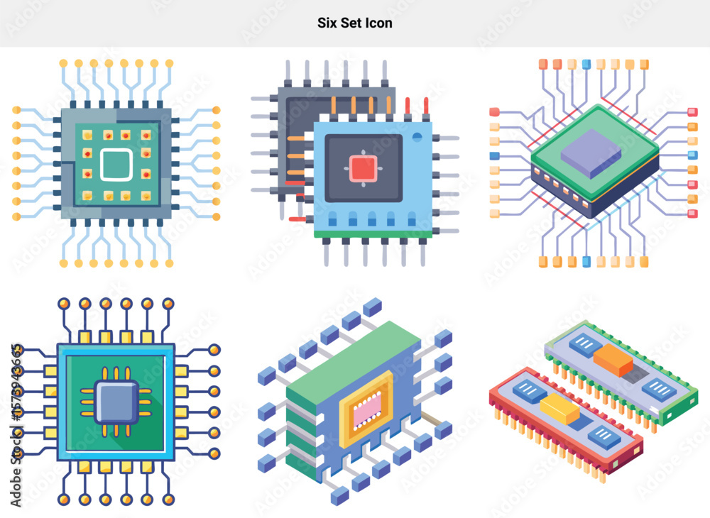 Poster six set icon collection of colorful computer processor chips and integrated circuit icons set