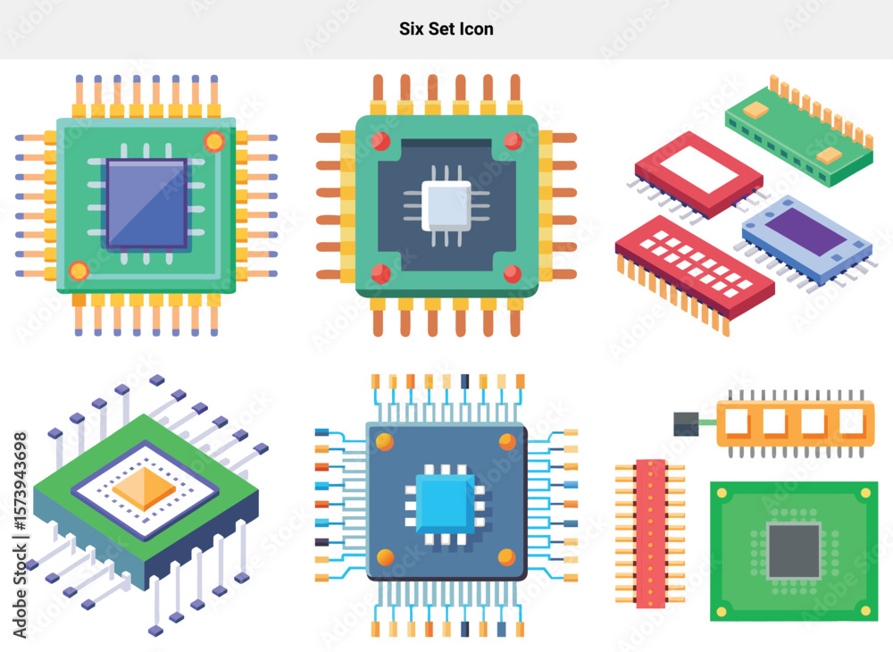 Poster six set icon diverse collection of computer chips and electronic components in flat design