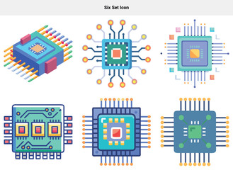 Six set icon Set of Six Colorful Computer Chip Icons Depicting Various CPU Architectures