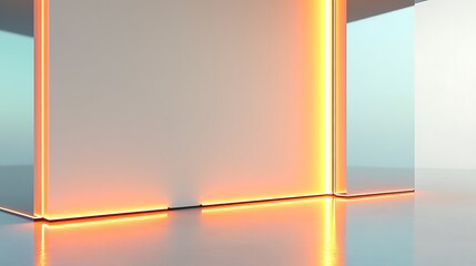 Abstract corner with orange led lighting and reflections in a modern setting