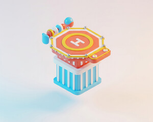 Fototapeta premium 3D isometric illustration of a colorful octagonal helipad building with a helipad on its roof, isolated on a clean background.