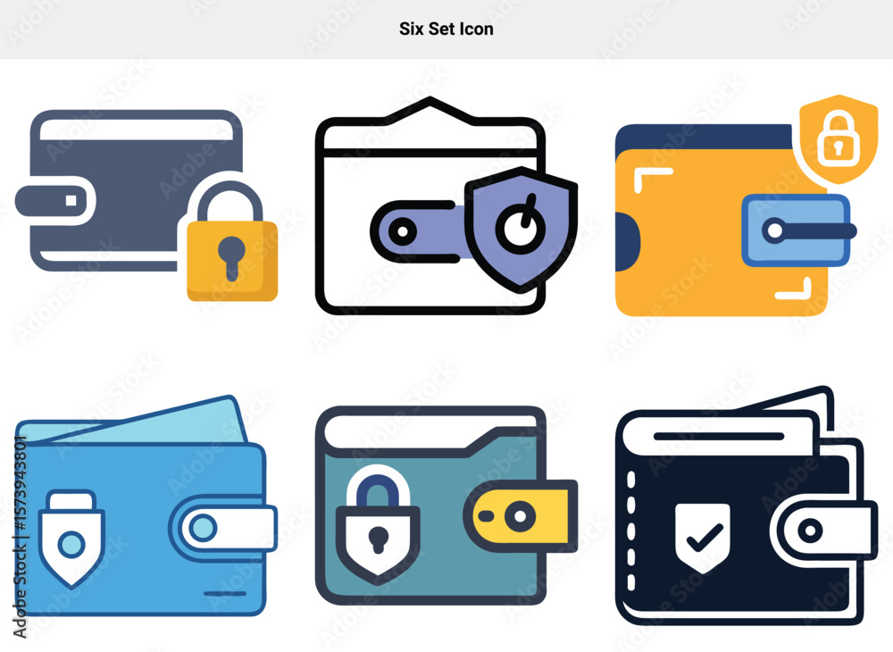 Aufkleber six set icon set of icons displaying secure digital wallet and money management