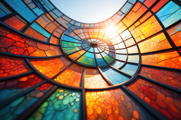 A low angle view of a colorful stained glass window with a spiral design and sunlight shining through