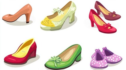 Cartoon shoes illustration showing colorful shoe designs over white background