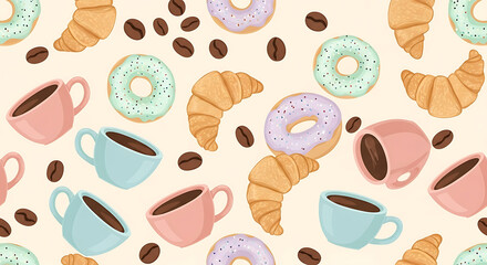 Delicious Breakfast Seamless Pattern Coffee, Croissants, and Donuts
