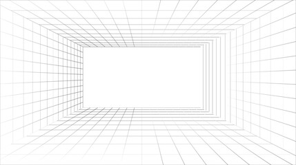 White perspective grid on black background forms a 3D rectangular tunnel with converging lines—evokes depth, spatial structure, and architectural symmetry.
