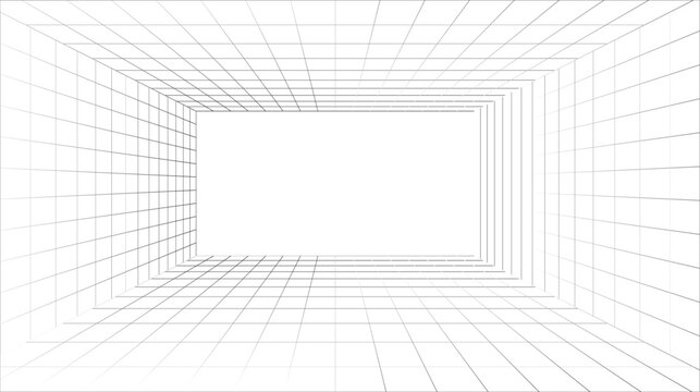 White perspective grid on black background forms a 3D rectangular tunnel with converging lines&mdash;evokes depth, spatial structure, and architectural symmetry.
