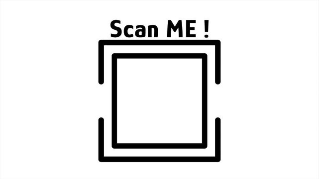 Square QR code scanning label animation. QR code scanning line icon. Scan Me! text above. Loop motion design