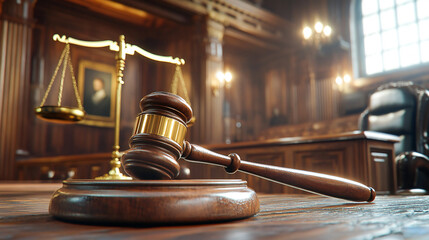 An image depicting elements of the legal system with professionals, gavel, and scales of justice