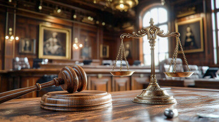 An image depicting elements of the legal system with professionals, gavel, and scales of justice
