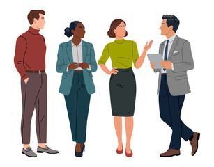 Flat vector illustration of diverse business people standing and discussing. Corporate team communication and office meeting concept. Professional coworkers in smart casual attire.
