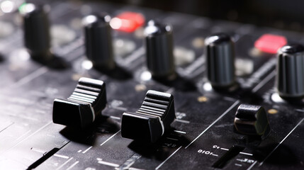 A sleek audio mixer with metallic accents, showcasing professional studio equipment in a clean, modern setup.