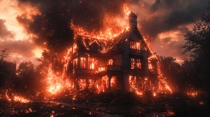 An intense image showcasing a large house being consumed by vibrant flames, with glowing embers and dark smoke filling the entire sky and creating a dramatic scene