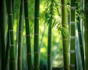 Fototapeta premium Green bamboo forest backdrop with sunny soft bokeh; nature and wellness ads