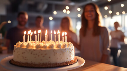 An office birthday celebration is depicted with lit candles on a cake and people in the background, representing joy, togetherness, and workplace camaraderie