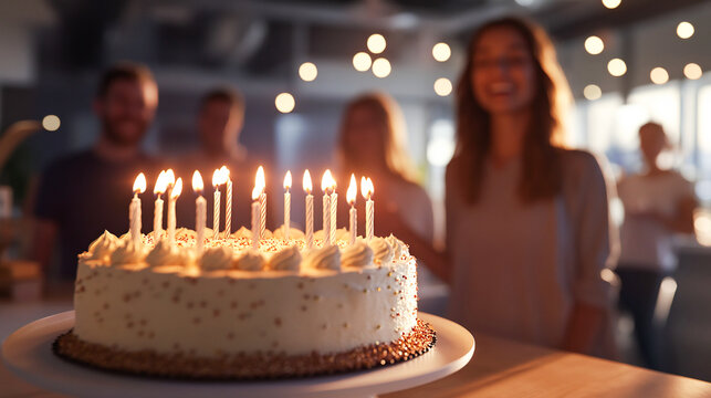 An office birthday celebration is depicted with lit candles on a cake and people in the background, representing joy, togetherness, and workplace camaraderie