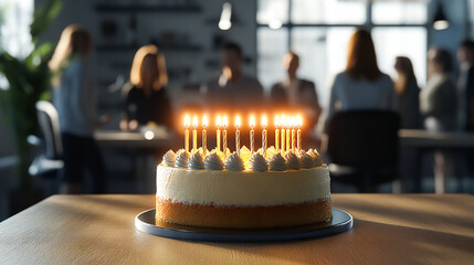 An office birthday celebration is depicted with lit candles on a cake and people in the background, representing joy, togetherness, and workplace camaraderie