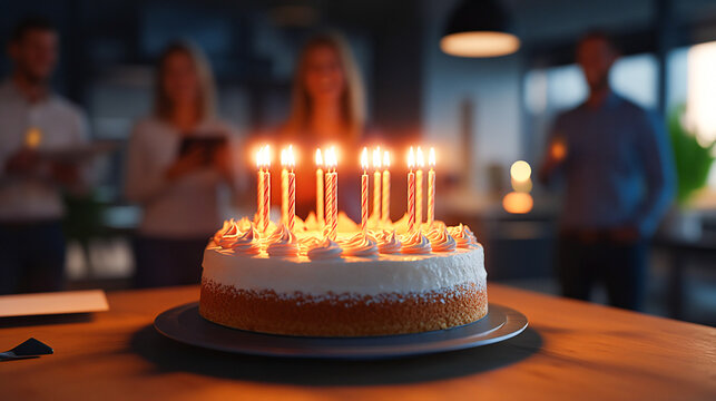 An office birthday celebration is depicted with lit candles on a cake and people in the background, representing joy, togetherness, and workplace camaraderie