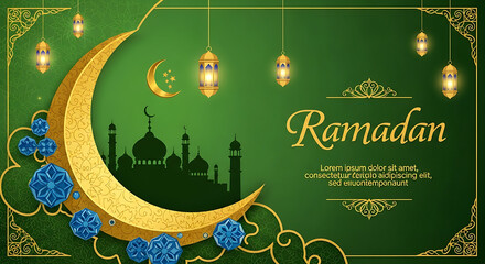 Elegant Ramadan Greeting Card Golden Crescent Moon, Mosque, and Lanterns