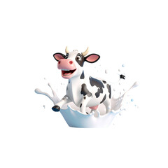 Happy 3d cartoon cow with milk splash, advertisement cow style on white background