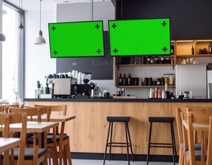 Digital menu boards with green screens in an empty modern cafe. Restaurant mockup