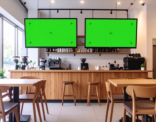 Digital menu boards with green screens in an empty modern cafe. Restaurant mockup
