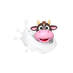 Happy 3d cartoon cow with milk splash, advertisement cow style on white background