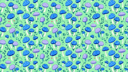Blue and purple mushrooms with vines white green