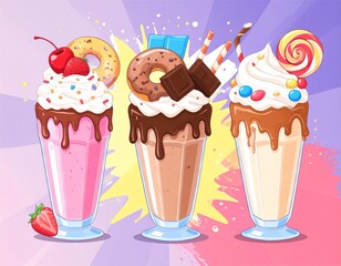Collection of fun, over-the-top cartoon milkshakes with crazy toppings