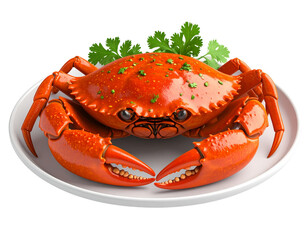  3D Render of Whole Chili Crab Served on White Plate, isolated on transparent background PNG