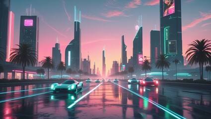 Futuristic cityscape with neon lights and sports cars at sunset palm trees