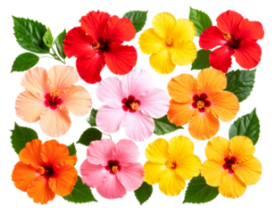 “Artistic Flat Lay of Mixed Hibiscus Flowers and Leaves, isolated on a transparent background