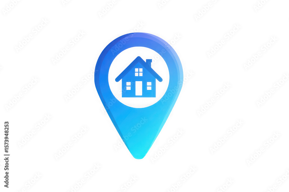 Poster blue gradient map pin with house icon centered on a white background view