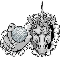 Unicorn horse stallion angry golf sports team mascot holding a ball.