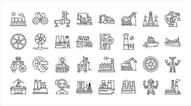 Vector illustrations of key industrial sectors like aerospace, ship construction, and resource extraction.

