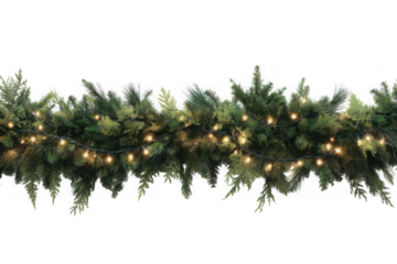 A christmas garland with green pine branches and warm glowing string lights