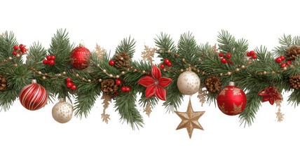 Christmas garland with ornaments, pine cones, and red berries on white background