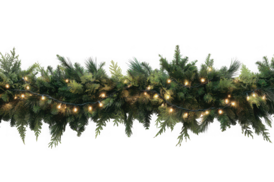 A christmas garland with green pine branches and warm glowing string lights - Powered by Adobe