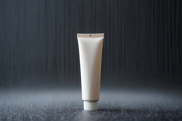 A single white tube of lotion or cream product stands against a dark and textured background space