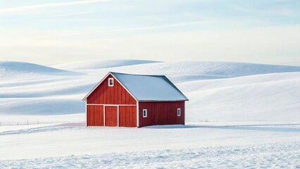 Red barn in a snowy winter landscape with rolling hills