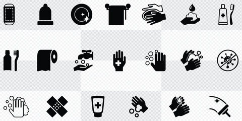 Hygiene icons. Outline icons about clean and disinfect